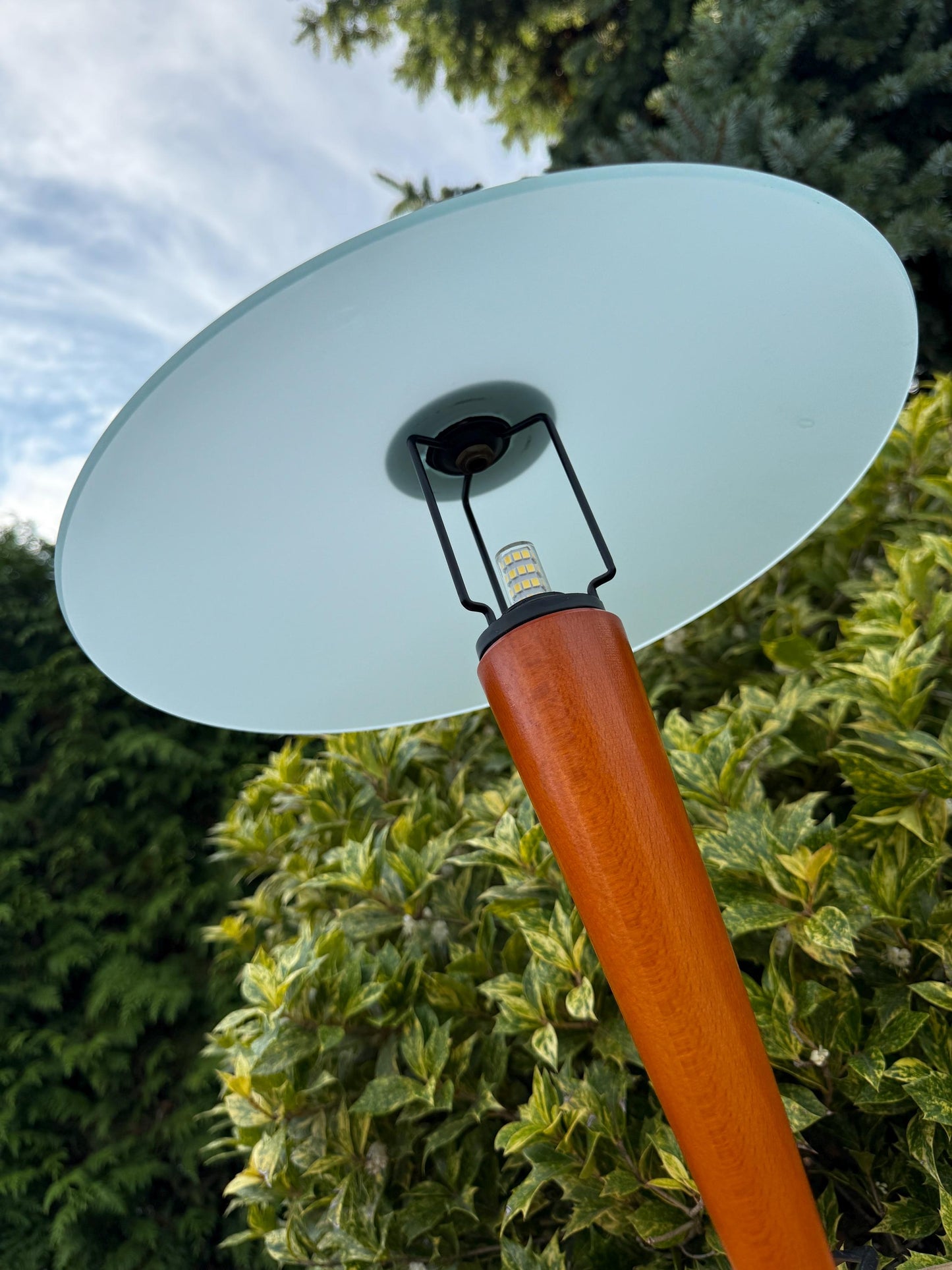 Vintage Massive Belgium Table Lamp, Postmodern Desk Light, Teak Wood Base, Frosted Glass Shade, 1980s Lighting Design