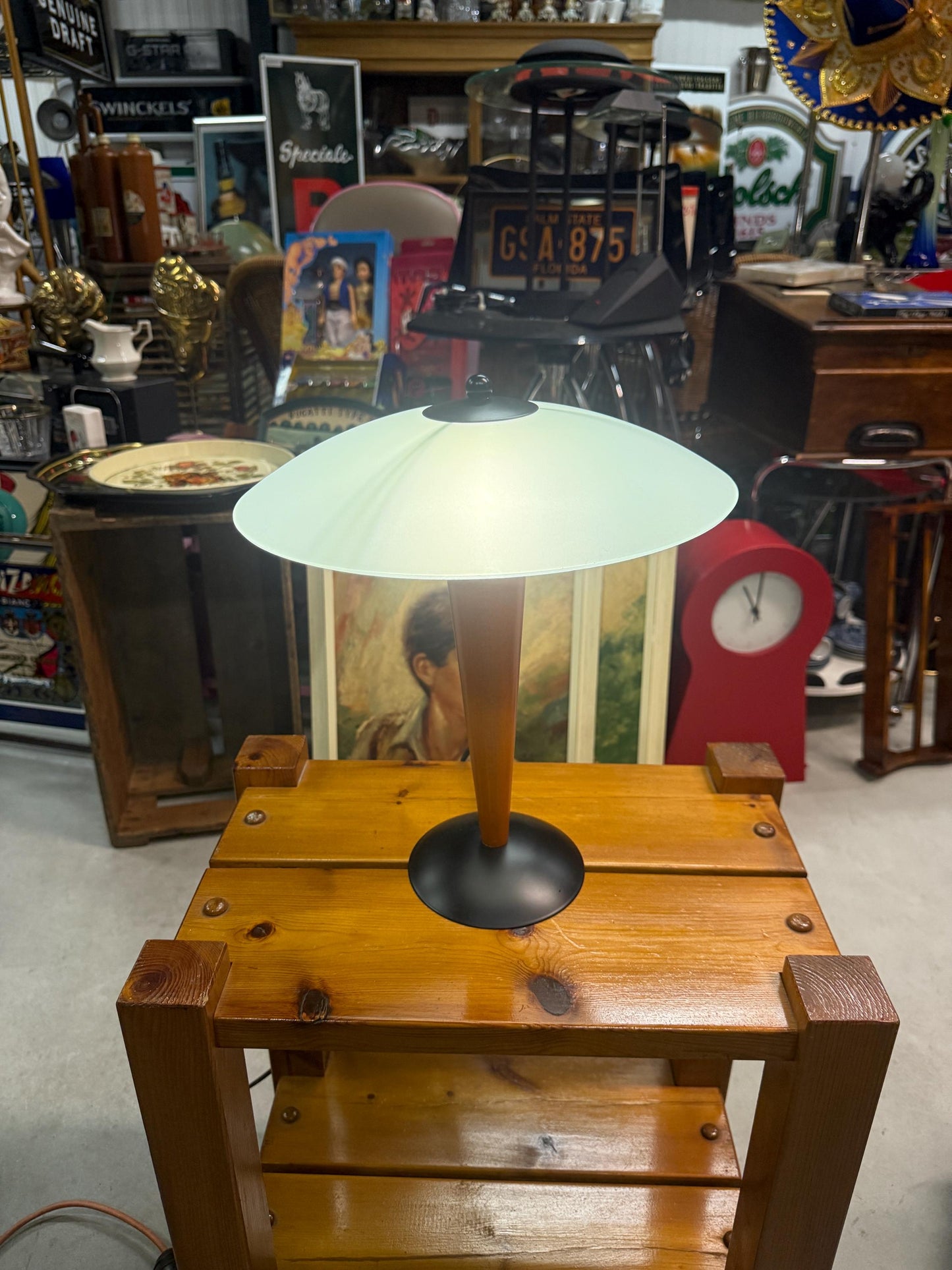 Vintage Massive Belgium Table Lamp, Postmodern Desk Light, Teak Wood Base, Frosted Glass Shade, 1980s Lighting Design