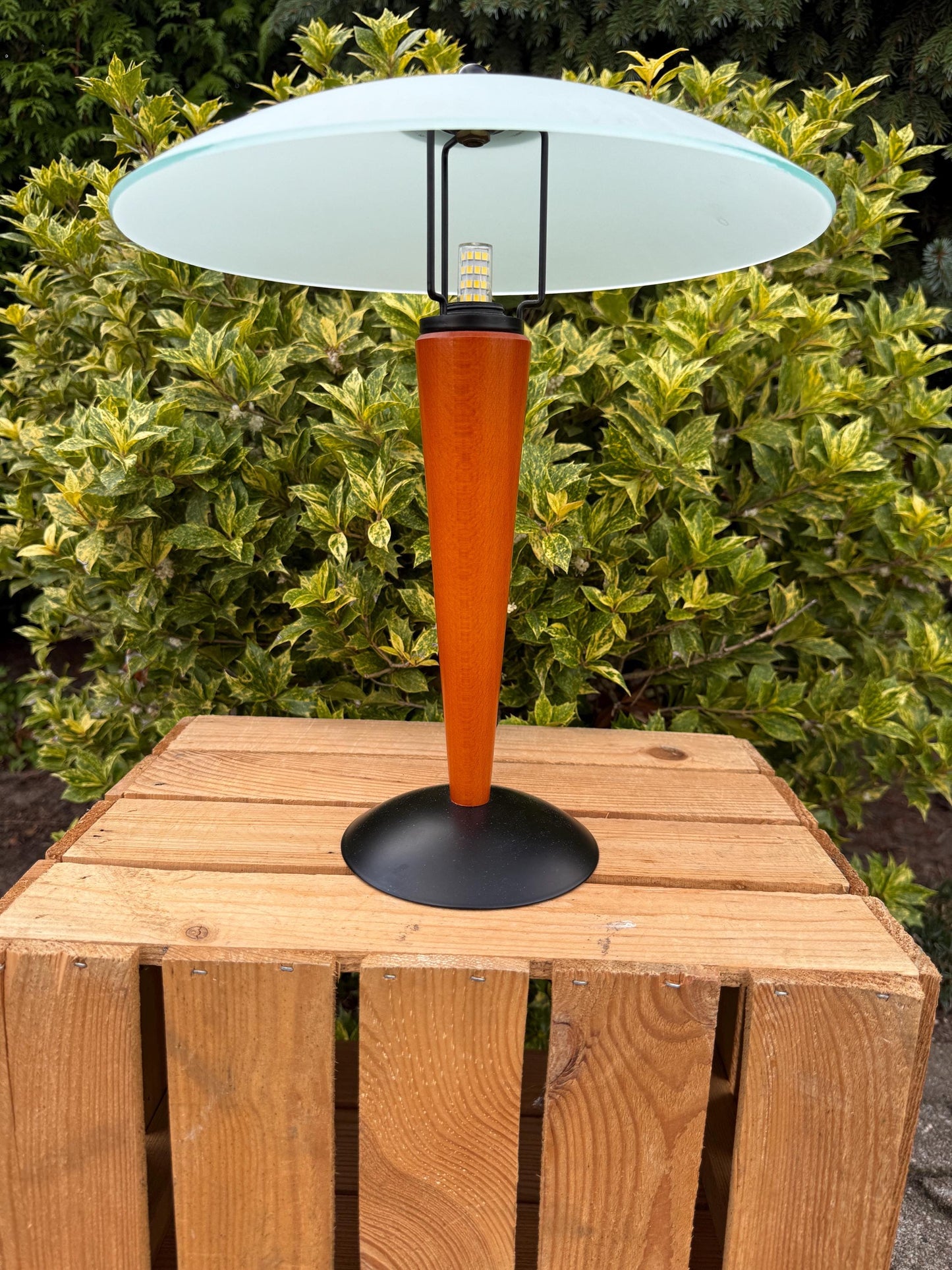 Vintage Massive Belgium Table Lamp, Postmodern Desk Light, Teak Wood Base, Frosted Glass Shade, 1980s Lighting Design