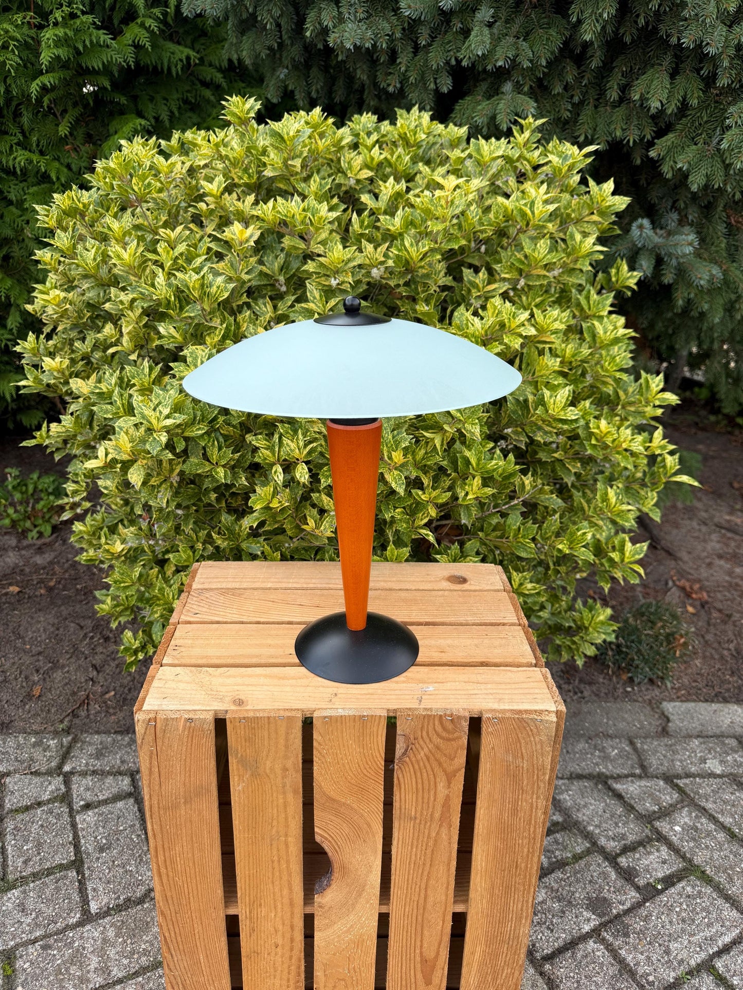Vintage Massive Belgium Table Lamp, Postmodern Desk Light, Teak Wood Base, Frosted Glass Shade, 1980s Lighting Design