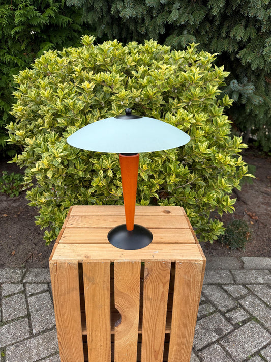 Vintage Massive Belgium Table Lamp, Postmodern Desk Light, Teak Wood Base, Frosted Glass Shade, 1980s Lighting Design