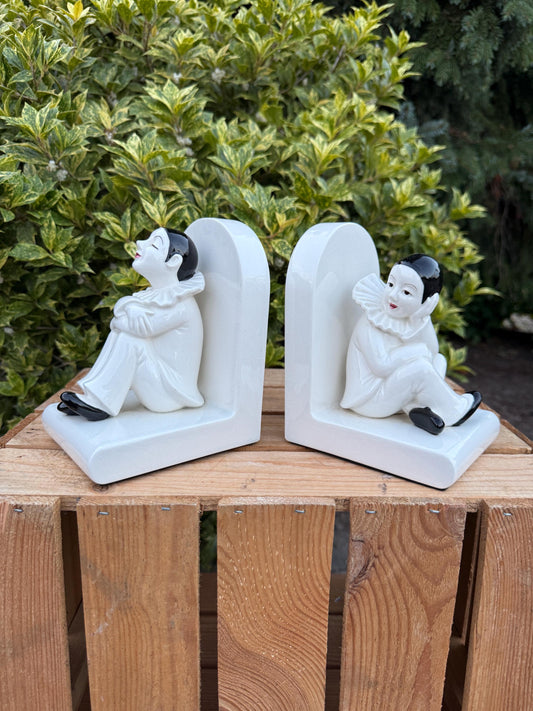 Vintage Pierrot Bookends, Ceramic Clown Figurines, Goût by Viaga Int, Black and White Mime Design, 1980s Decorative Book Holders