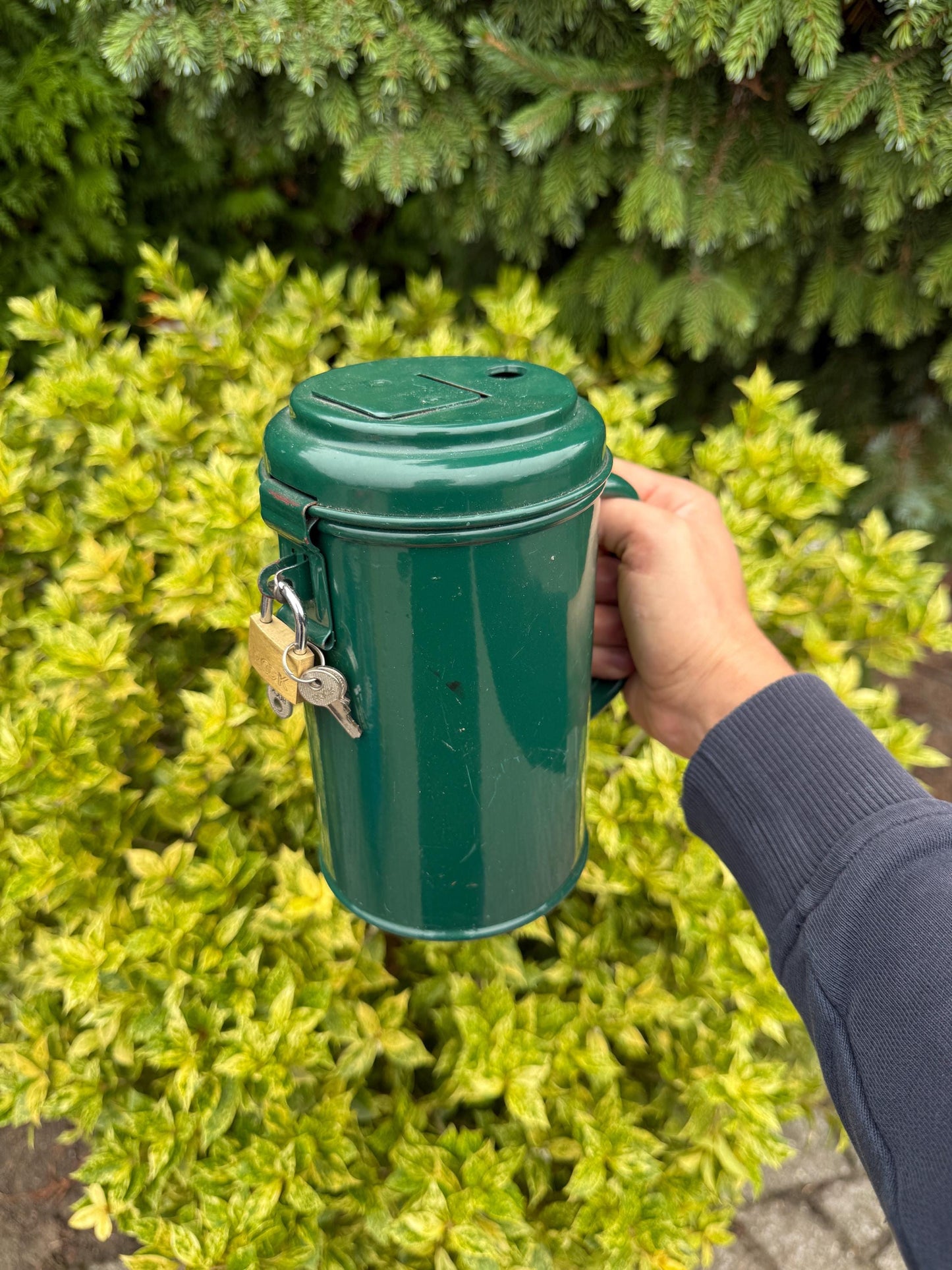 Vintage Metal Donation Box, Charity Collection Tin With Handle, Lock And Key, Dutch Fundraising Canister, 1960s Good Cause Container