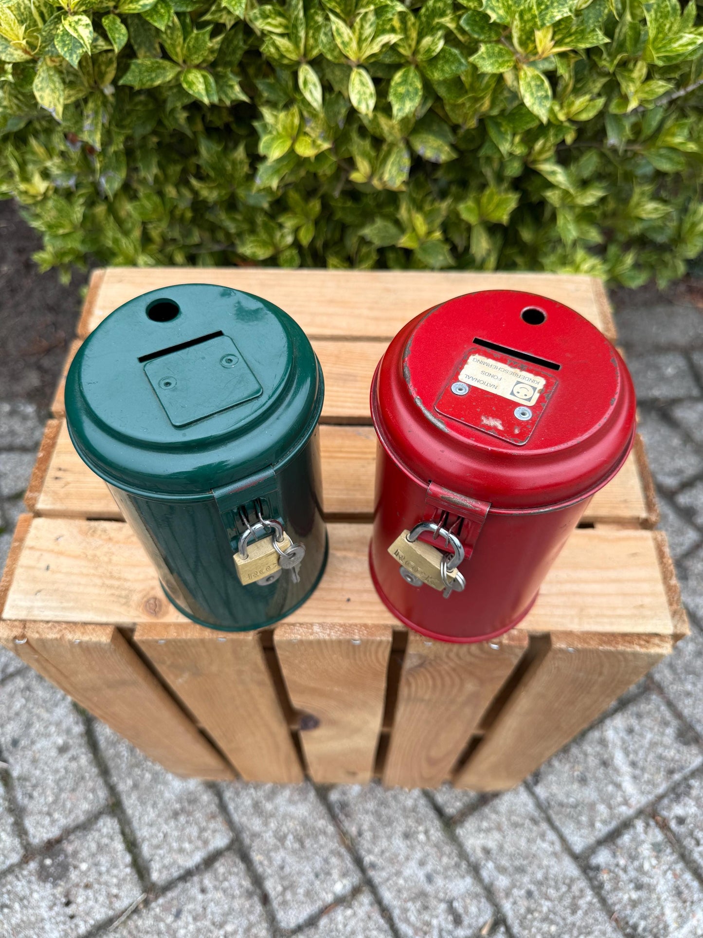 Vintage Metal Donation Box, Charity Collection Tin With Handle, Lock And Key, Dutch Fundraising Canister, 1960s Good Cause Container