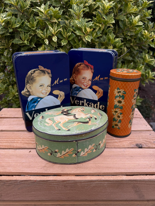Vintage Verkade Biscuit Tins, Dutch Advertising Storage Boxes, Blue Metal Containers With Girl Illustration, Collectible Verkade Holland Tin