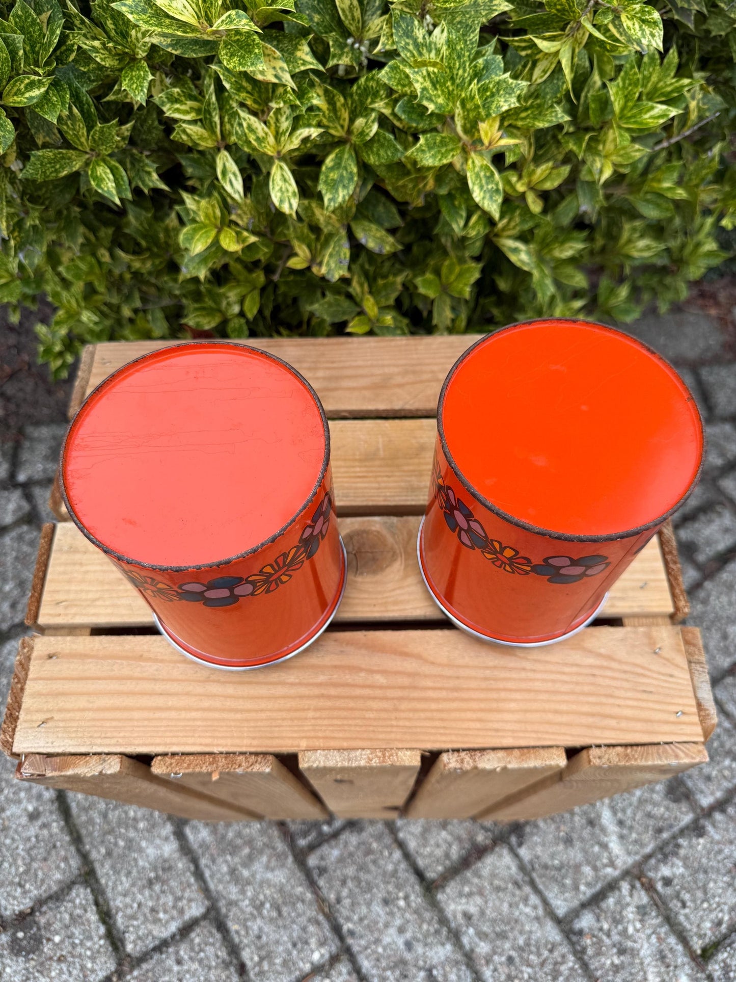 Vintage Brabantia Canisters, Set Of 2 Orange Metal Storage Tins, Flower Print Kitchen Containers, 1970s Dutch Design Steel Jars