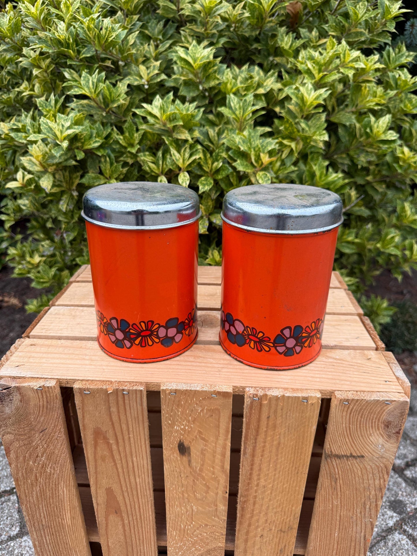 Vintage Brabantia Canisters, Set Of 2 Orange Metal Storage Tins, Flower Print Kitchen Containers, 1970s Dutch Design Steel Jars
