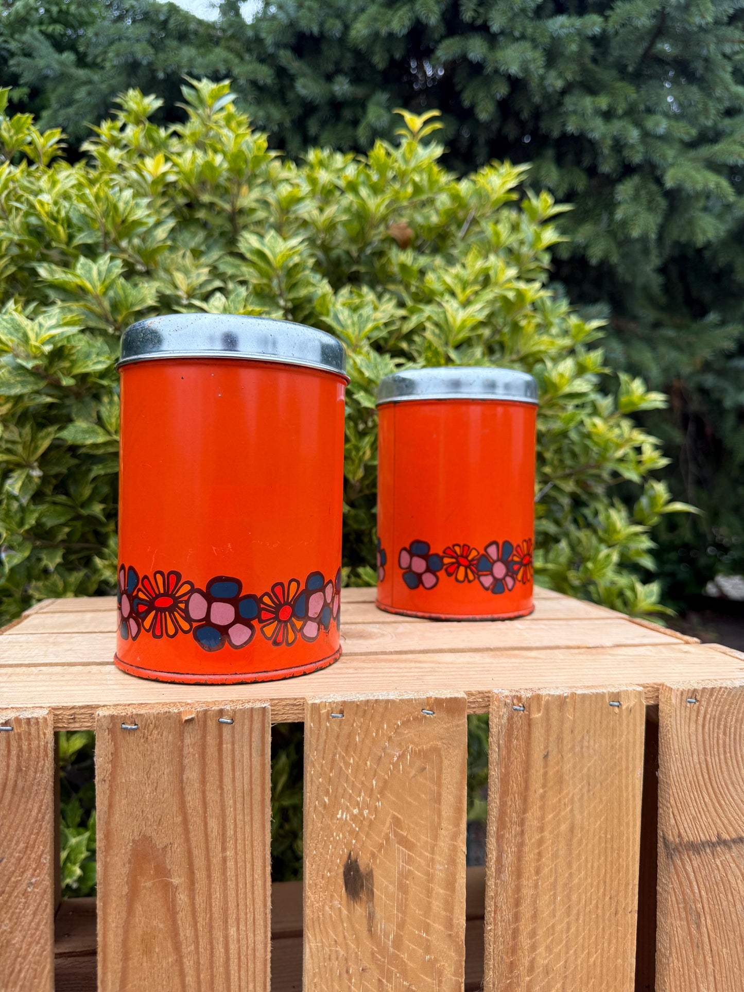 Vintage Brabantia Canisters, Set Of 2 Orange Metal Storage Tins, Flower Print Kitchen Containers, 1970s Dutch Design Steel Jars
