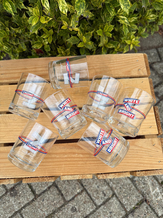 Vintage Cinzano White and Bright Glasses Set of 7, 6 + 1 Free, Italian Advertising Bar Glasses, 1970s Drinkware