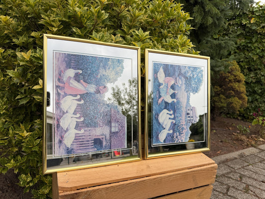Set of 2 Vintage Decorative Mirrors, Girl with Geese Wall Art, Framed Countryside Prints with Gold Frames, Pastoral Farmhouse Decor