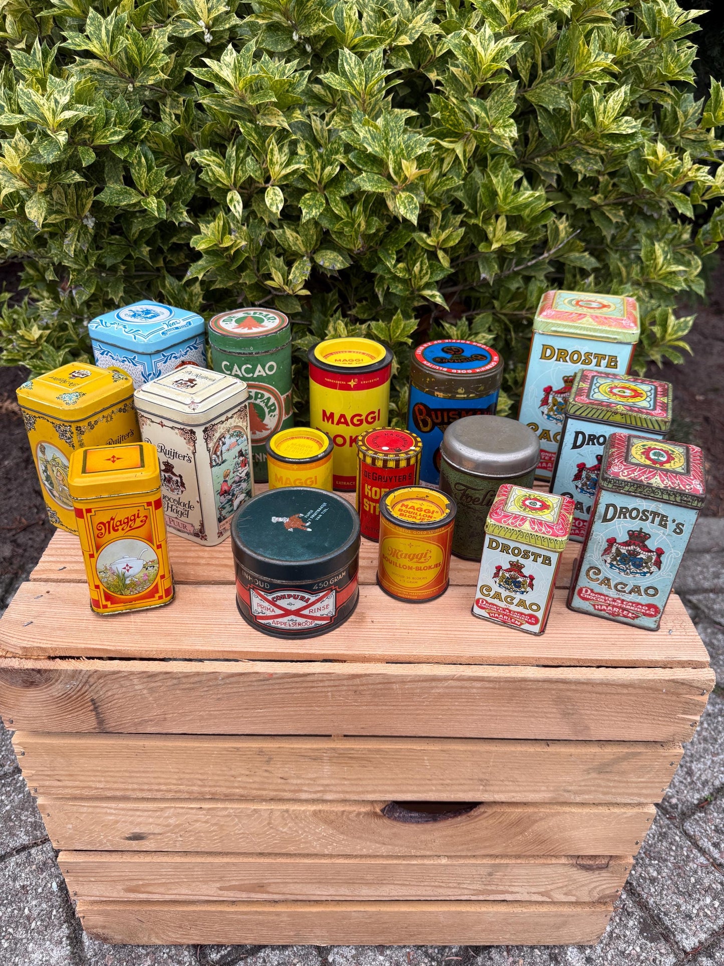 Vintage Metal Food Tins Collection, Dutch Advertising Cans And Jars, Droste Cacao Maggi De Gruyter Collectibles, Kitchen Storage Containers