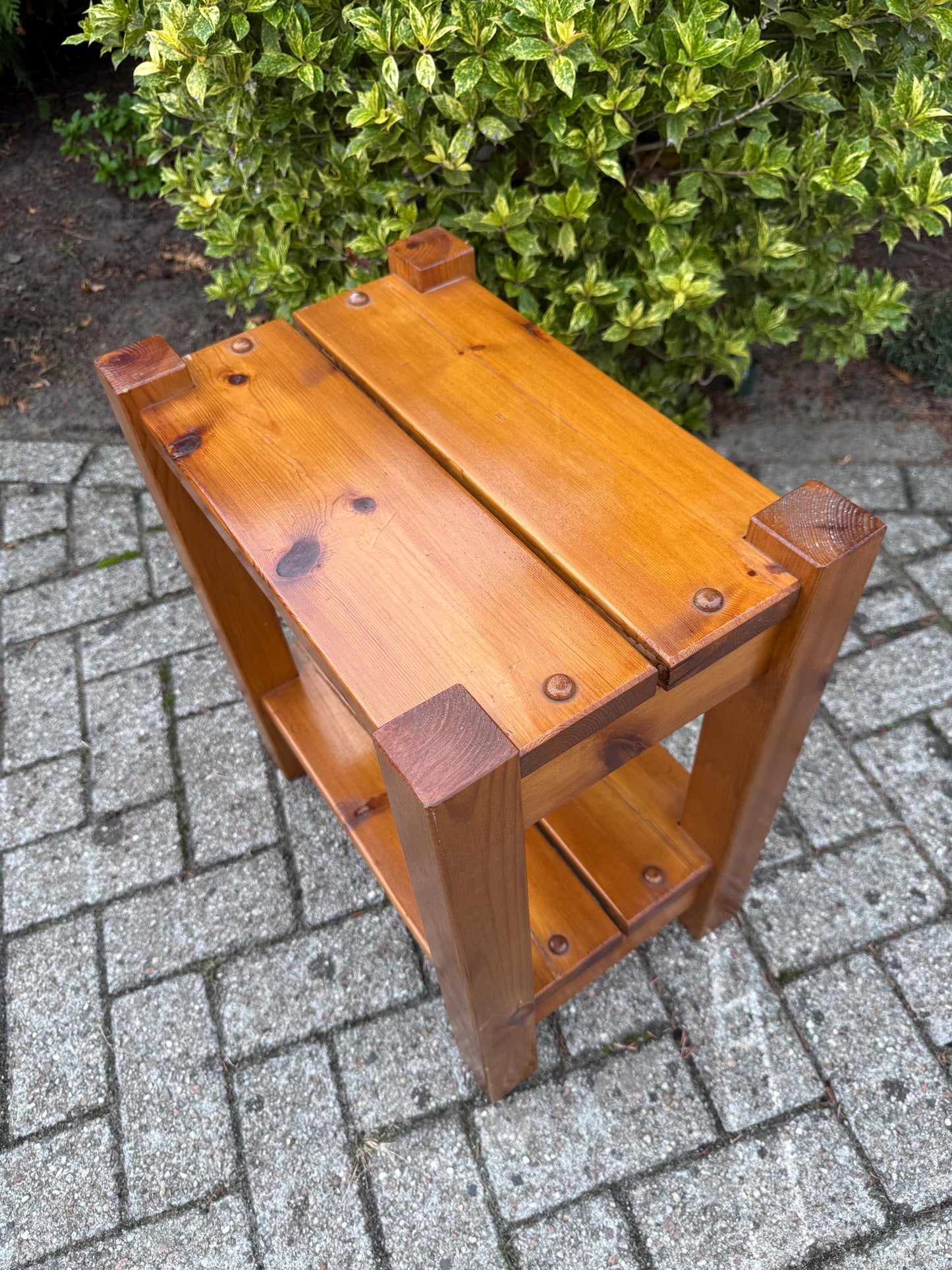 Vintage Solid Pine Two-Tier Side Table, Robust Brutalist Wood Accent Table With Lower Shelf, Rustic Handmade Small End Table