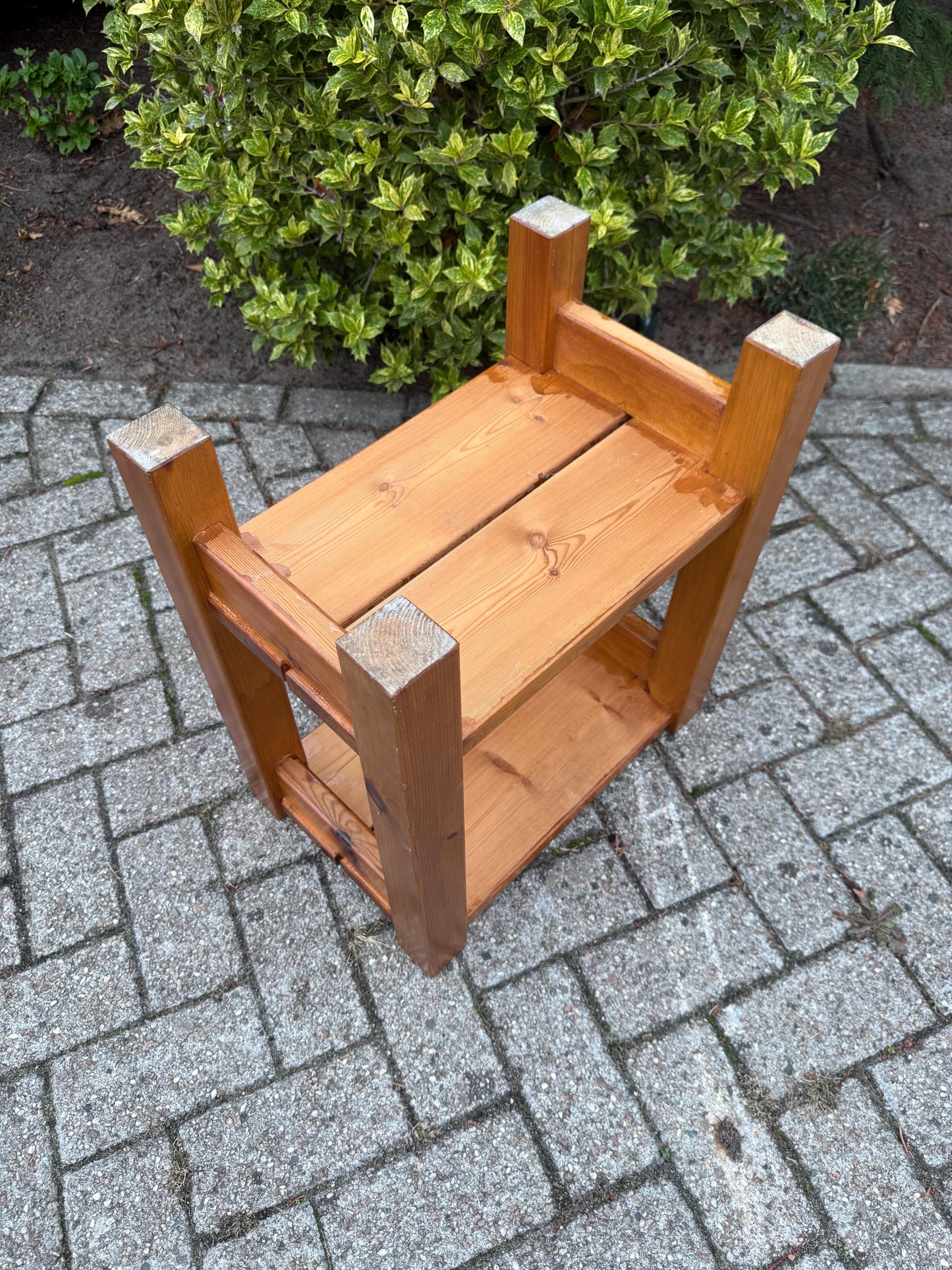 Vintage Solid Pine Two-Tier Side Table, Robust Brutalist Wood Accent Table With Lower Shelf, Rustic Handmade Small End Table