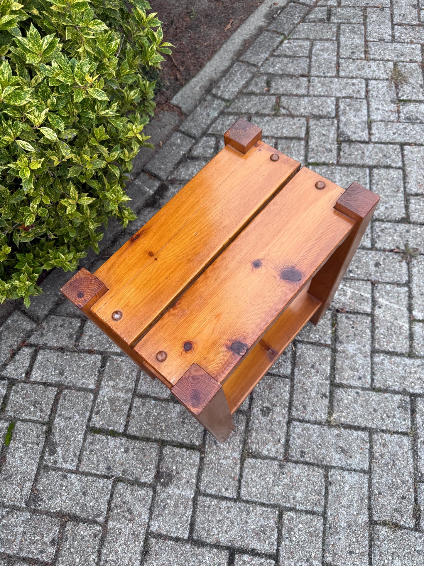 Vintage Solid Pine Two-Tier Side Table, Robust Brutalist Wood Accent Table With Lower Shelf, Rustic Handmade Small End Table