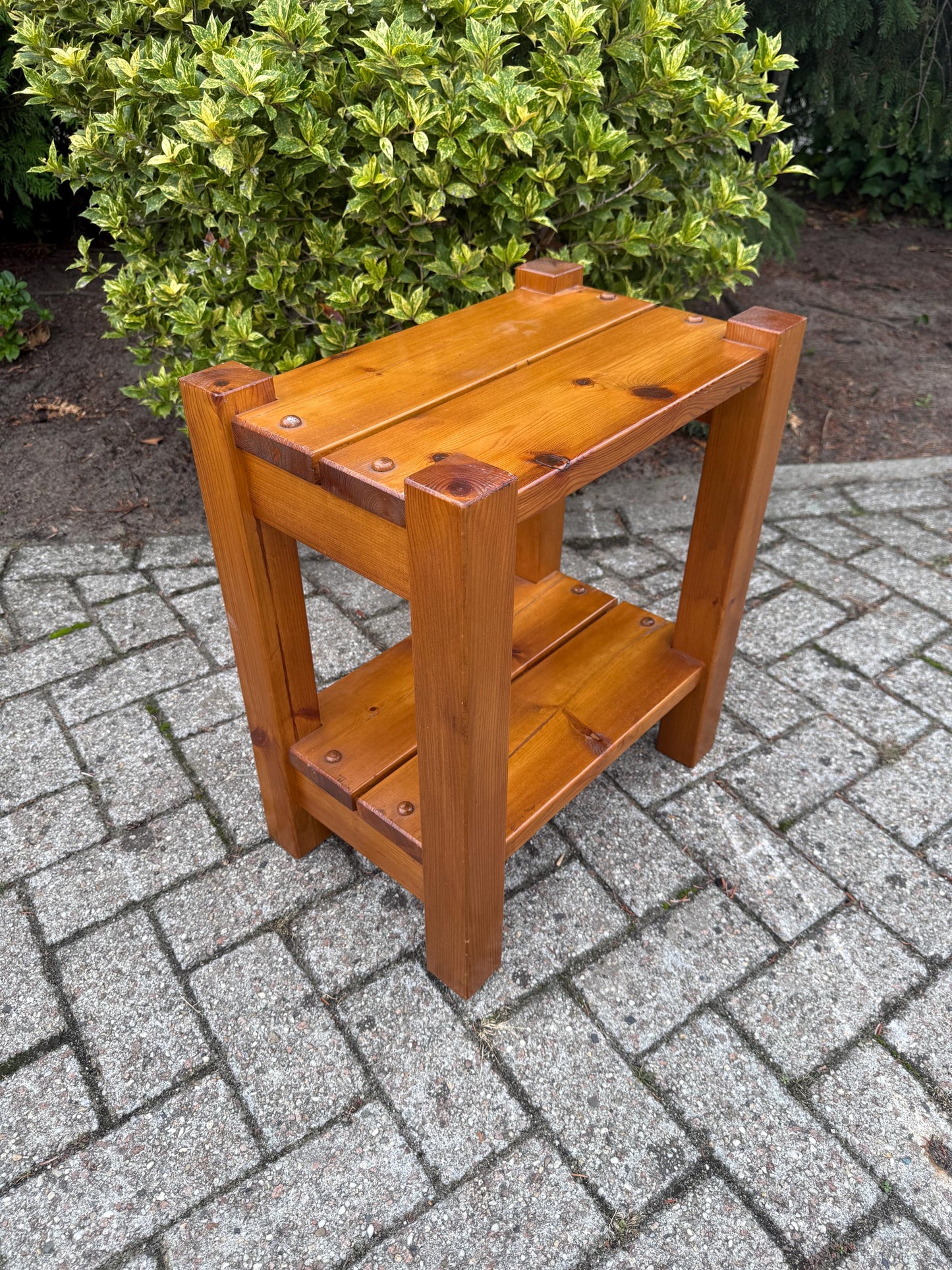 Vintage Solid Pine Two-Tier Side Table, Robust Brutalist Wood Accent Table With Lower Shelf, Rustic Handmade Small End Table