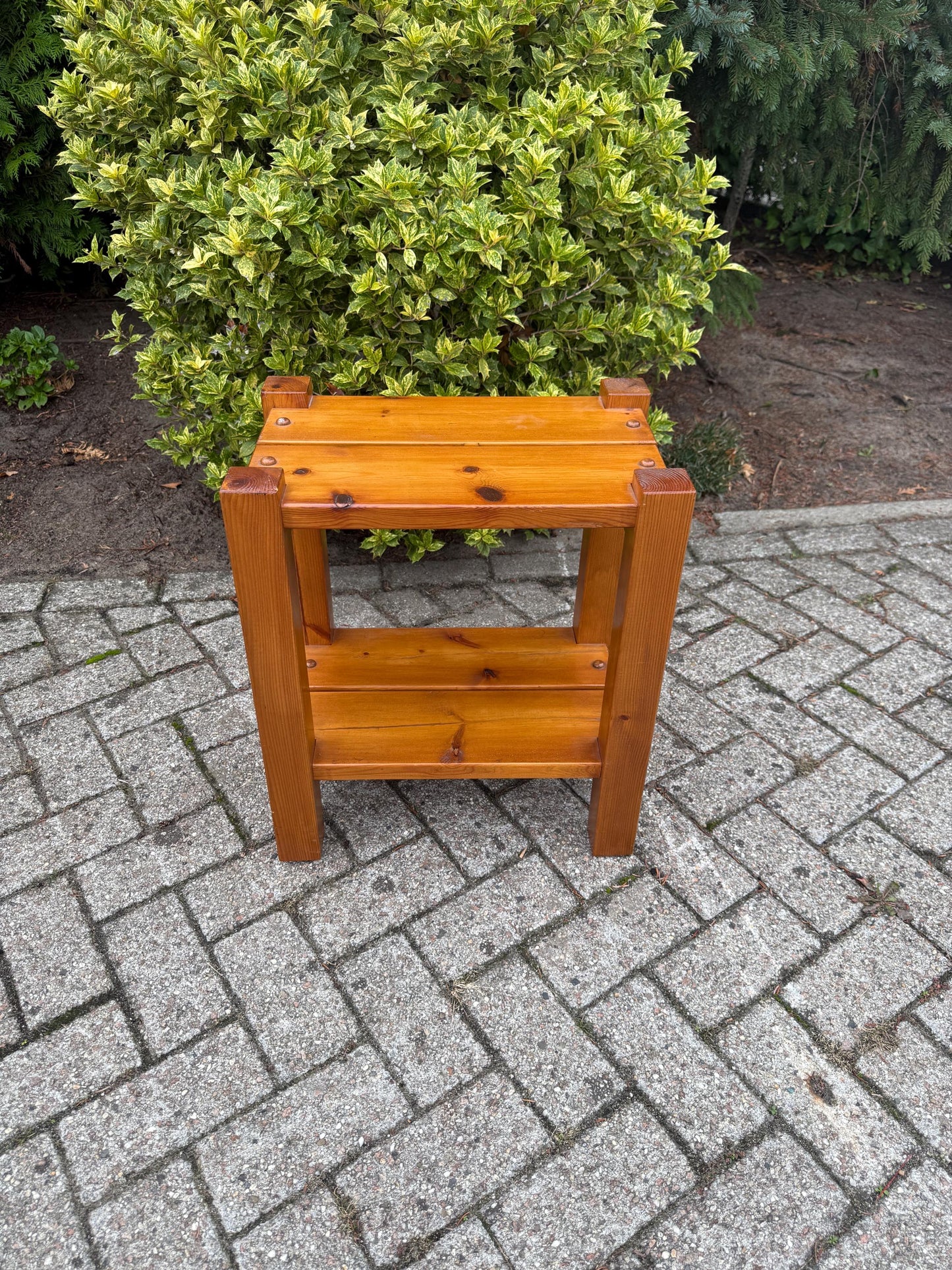 Vintage Solid Pine Two-Tier Side Table, Robust Brutalist Wood Accent Table With Lower Shelf, Rustic Handmade Small End Table
