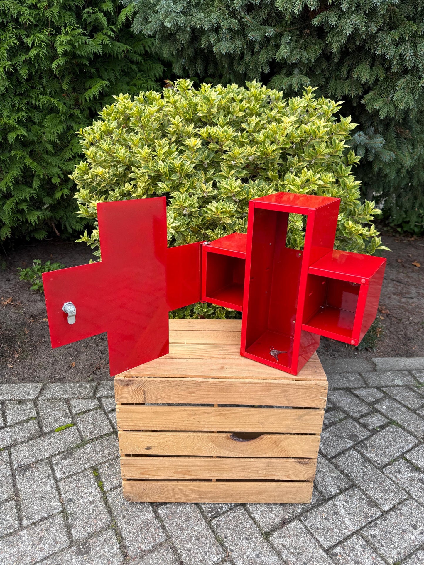 Vintage Red Cross Medicine Cabinet, Metal First Aid Box, Wall Mount Storage, Industrial Medical Cabinet, Bathroom Organizer, Apothecary Deco