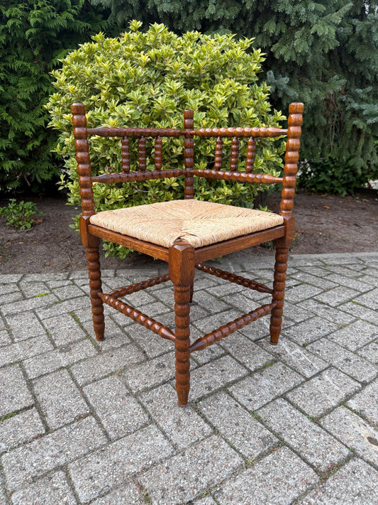 Vintage Brown Wooden Corner Chair, 1970s Farmhouse Furniture, Rattan Wicker Seat, Rustic Interior Decoration, Mid Century Wooden Chair