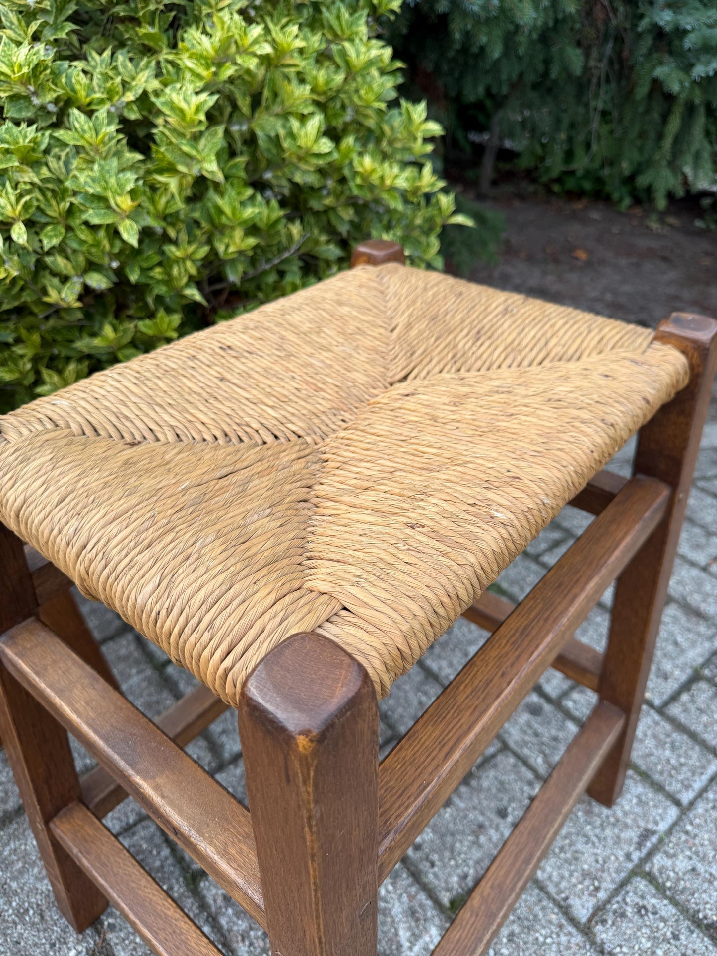 Set Of 2 Vintage Wooden Bar Stools, Farmhouse Style Furniture, Wide Rattan Cane Seats, Rustic Counter Stools, 1970s Wooden Seating