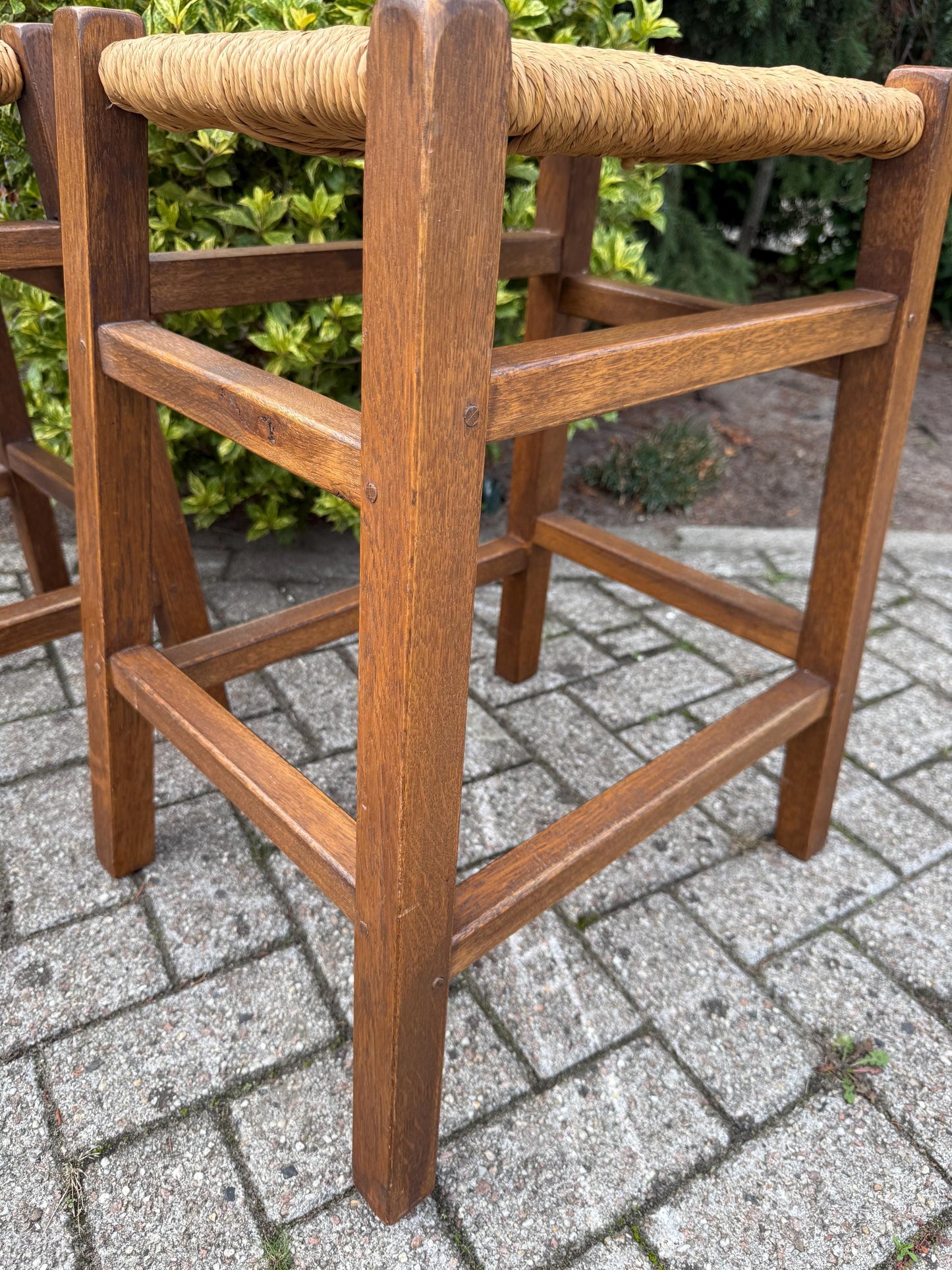 Set Of 2 Vintage Wooden Bar Stools, Farmhouse Style Furniture, Wide Rattan Cane Seats, Rustic Counter Stools, 1970s Wooden Seating