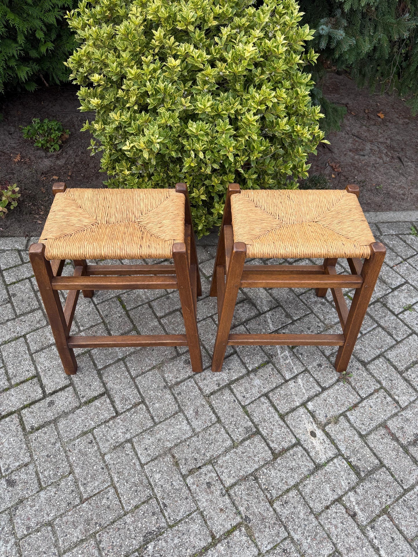 Set Of 2 Vintage Wooden Bar Stools, Farmhouse Style Furniture, Wide Rattan Cane Seats, Rustic Counter Stools, 1970s Wooden Seating