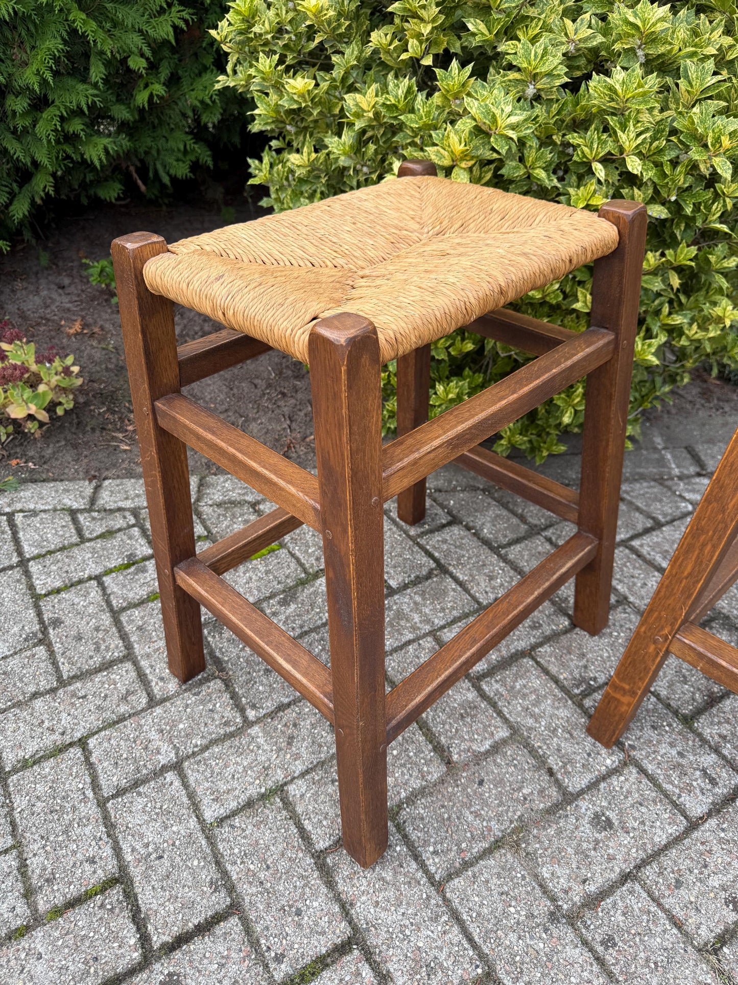 Set Of 2 Vintage Wooden Bar Stools, Farmhouse Style Furniture, Wide Rattan Cane Seats, Rustic Counter Stools, 1970s Wooden Seating