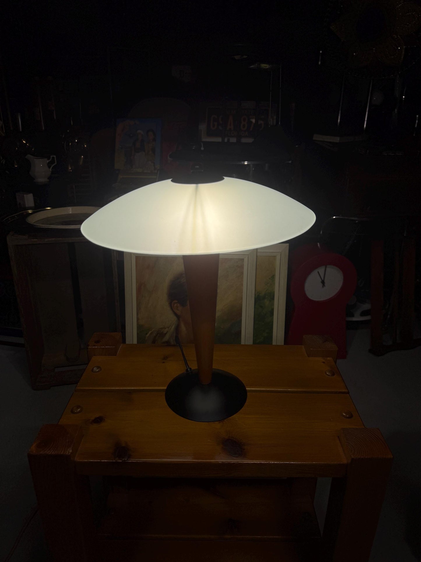 Vintage Massive Belgium Table Lamp, Postmodern Desk Light, Teak Wood Base, Frosted Glass Shade, 1980s Lighting Design