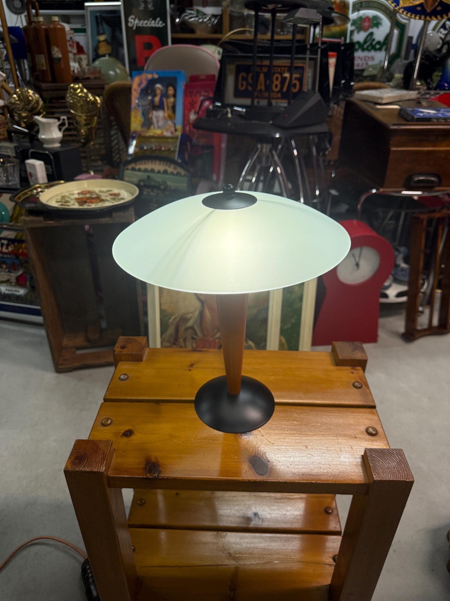 Vintage Massive Belgium Table Lamp, Postmodern Desk Light, Teak Wood Base, Frosted Glass Shade, 1980s Lighting Design