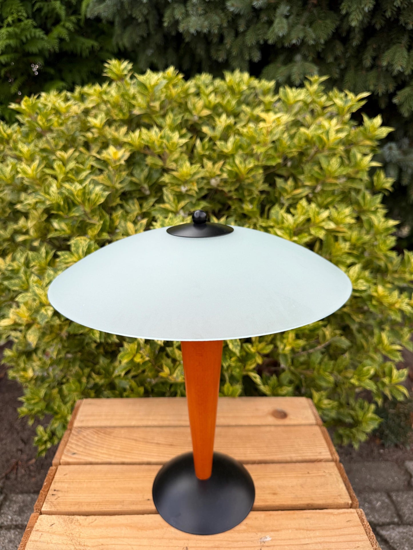 Vintage Massive Belgium Table Lamp, Postmodern Desk Light, Teak Wood Base, Frosted Glass Shade, 1980s Lighting Design