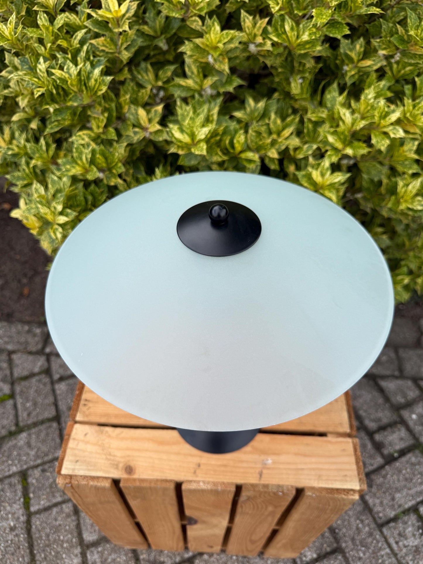 Vintage Massive Belgium Table Lamp, Postmodern Desk Light, Teak Wood Base, Frosted Glass Shade, 1980s Lighting Design