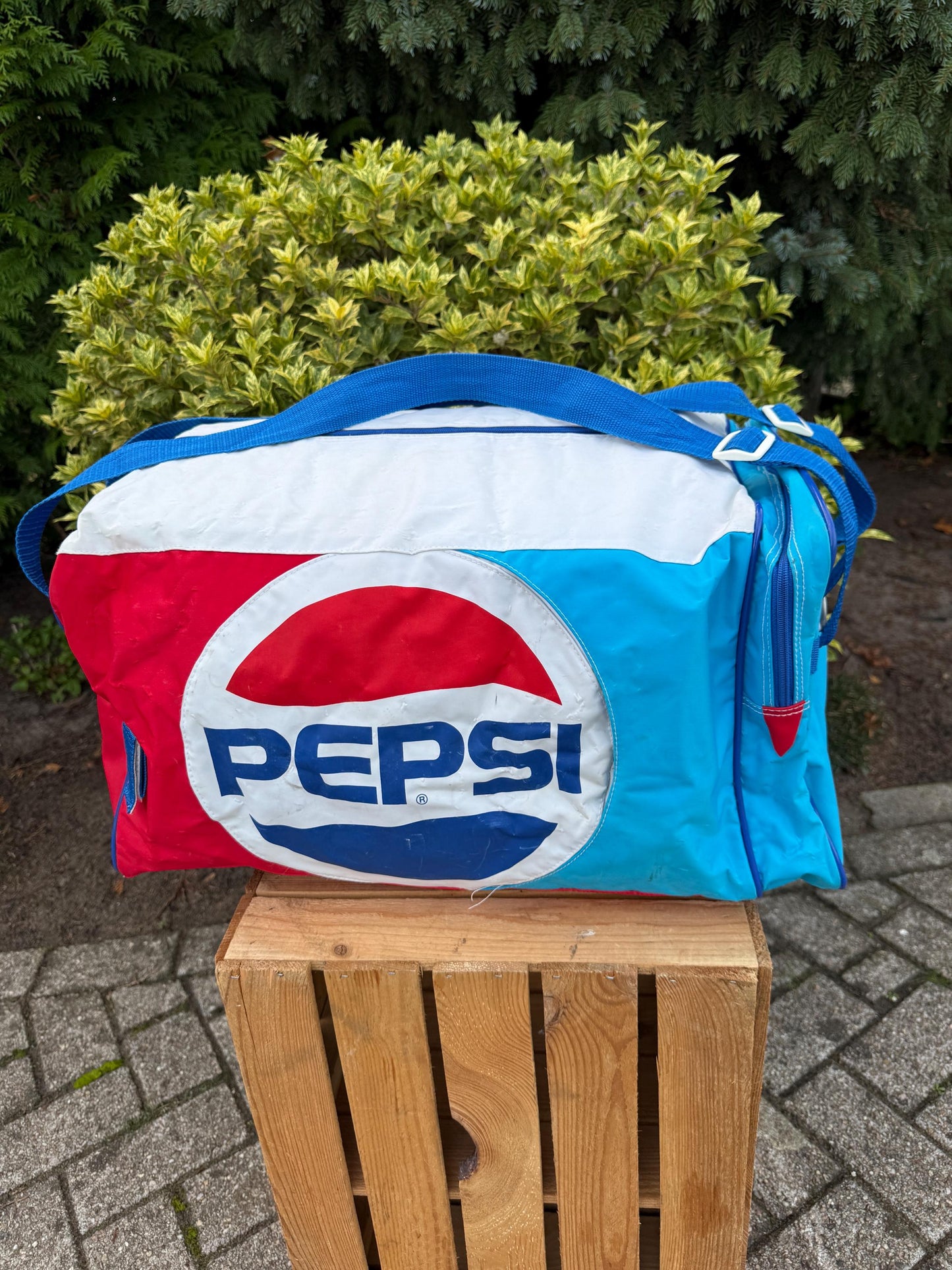 Vintage Pepsi Duffel Bag, 1980s Sports Travel Bag, Red Blue White Logo Design, Collectible Soft Luggage, Retro Advertising Memorabilia