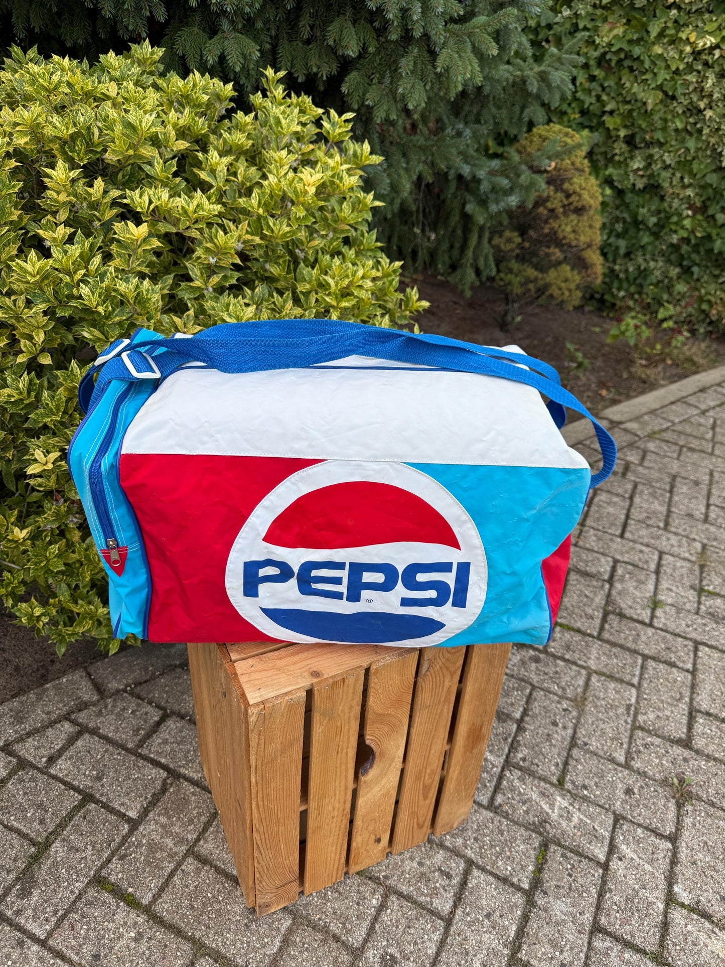 Vintage Pepsi Duffel Bag, 1980s Sports Travel Bag, Red Blue White Logo Design, Collectible Soft Luggage, Retro Advertising Memorabilia