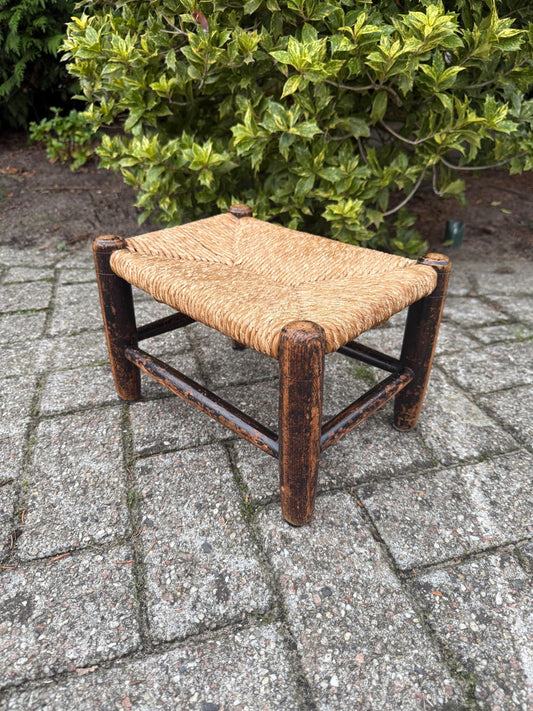 Vintage Small Wooden Footstool with Woven Rush Seat